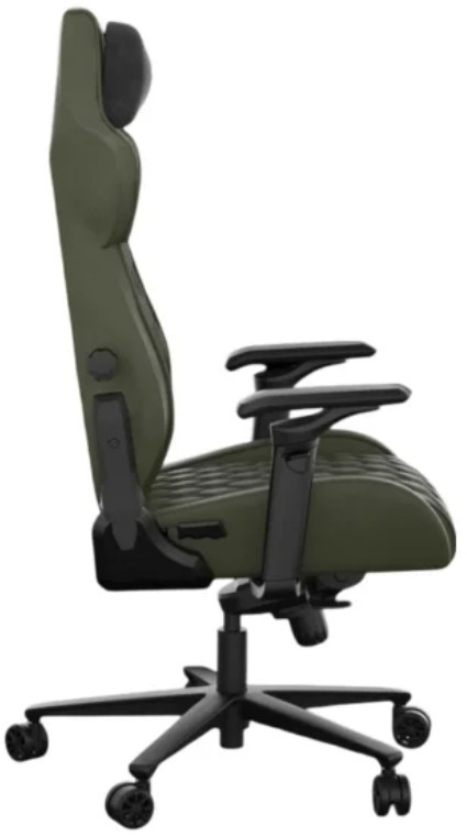 Zielony i czarny fotel gamingowy w profilu. Krzesło ma zagłówek i podłokietniki.