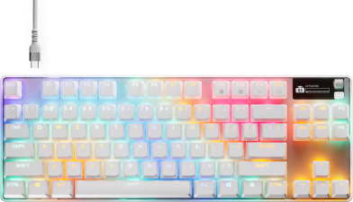 Weiße mechanische Tastatur mit bunten beleuchteten Tasten und einem USB-Kabel.