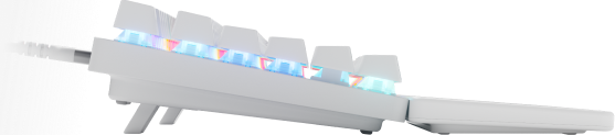 Seitenansicht einer weißen mechanischen Tastatur mit RGB-Beleuchtung unter den Tasten.