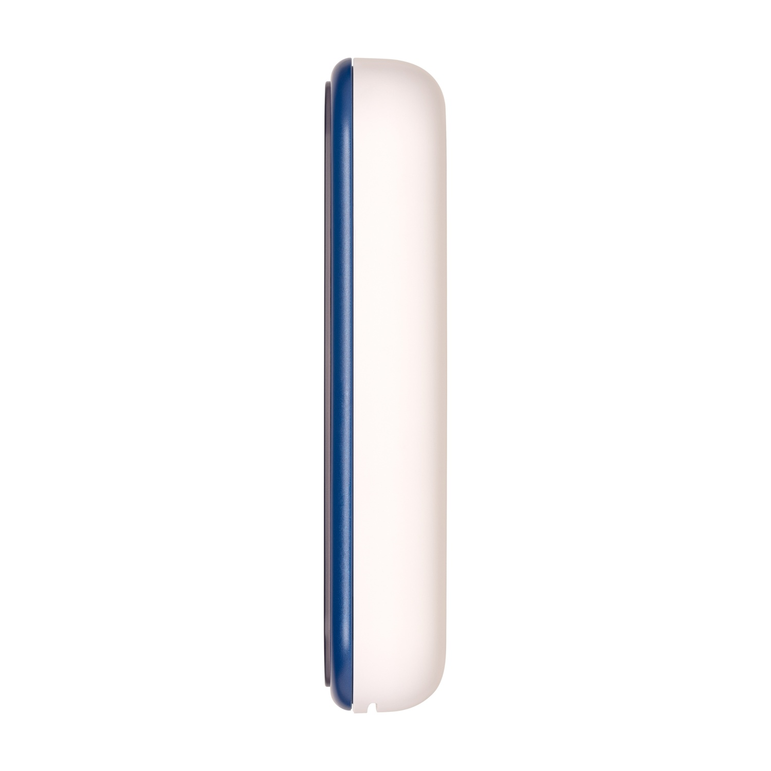 Un dispositivo rettangolare bianco e blu, visto lateralmente.