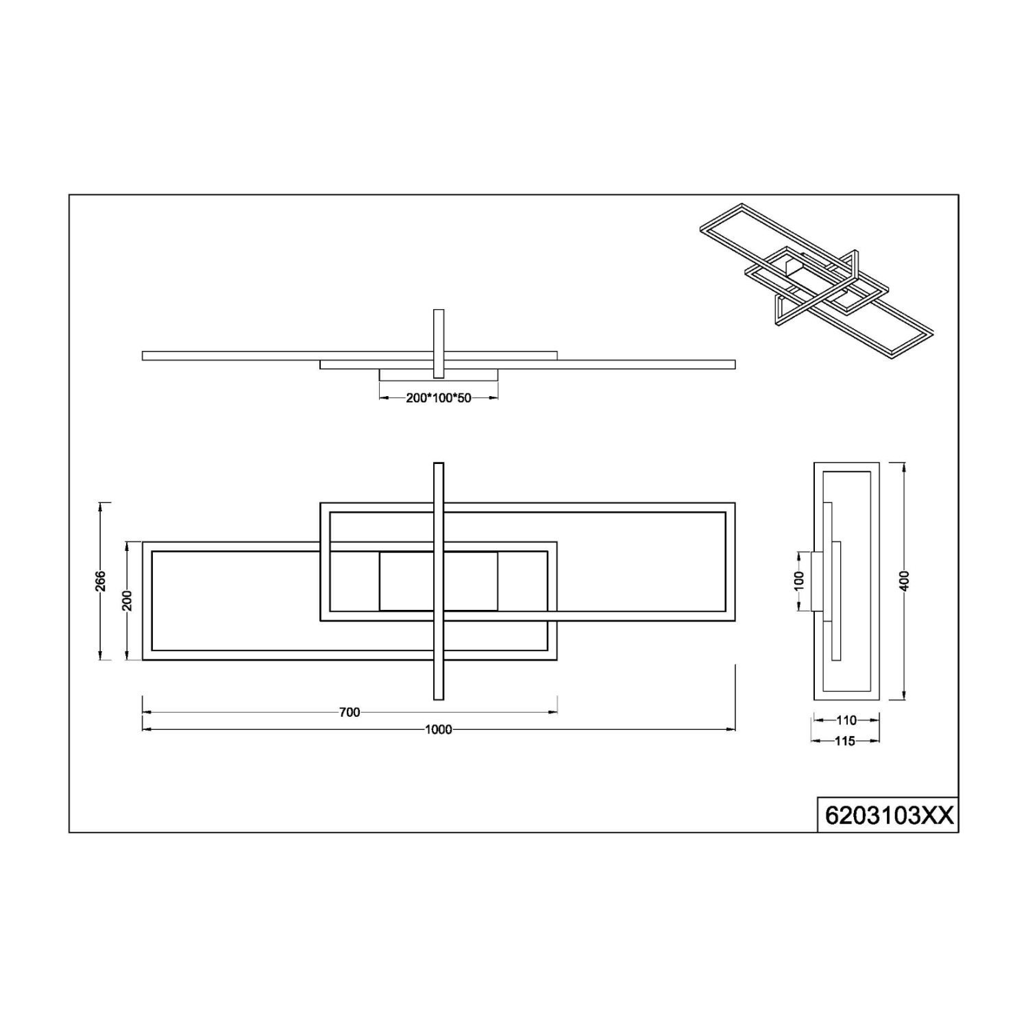 Disegno tecnico con dimensioni e annotazioni di un apparecchio di illuminazione.