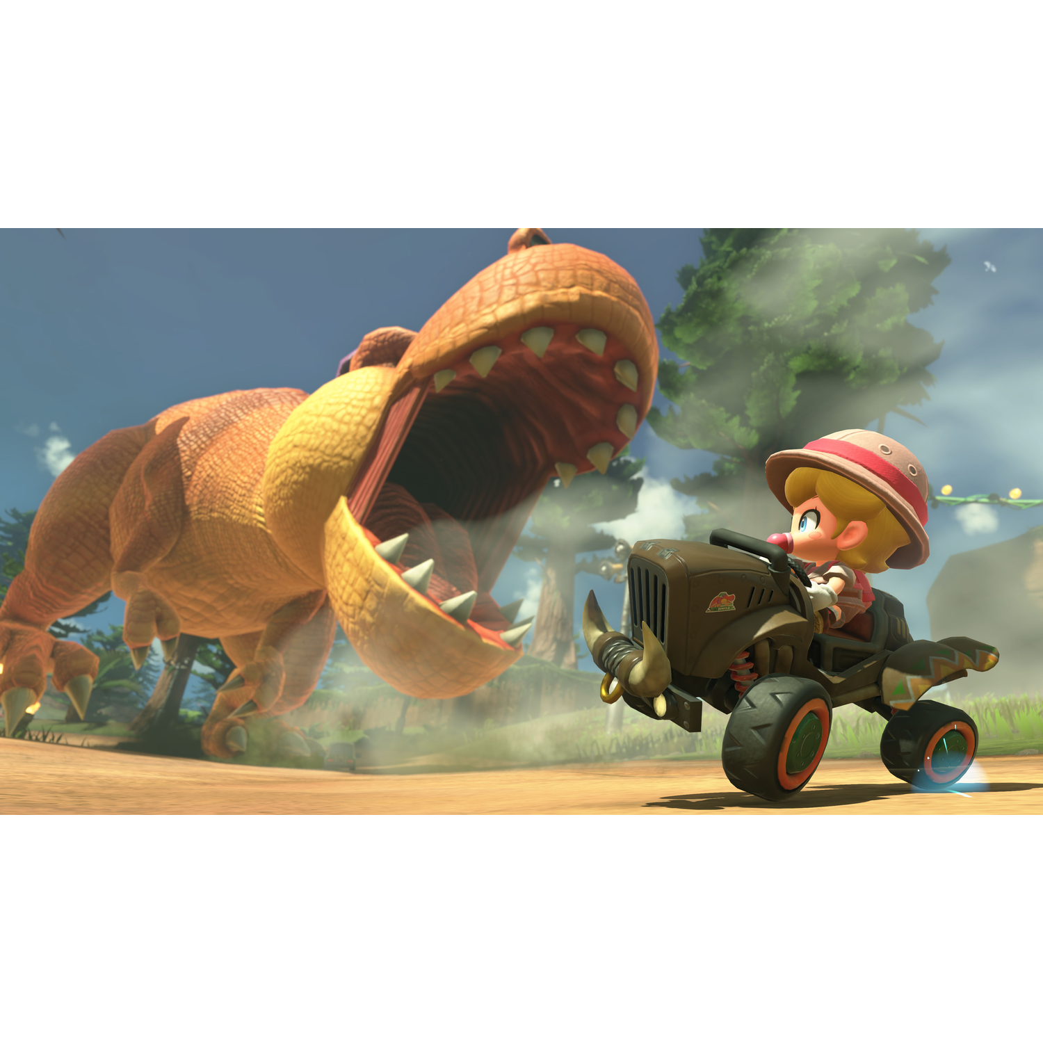 Een stripfiguur racet met een kart terwijl een dinosaurus achtervolgt.
