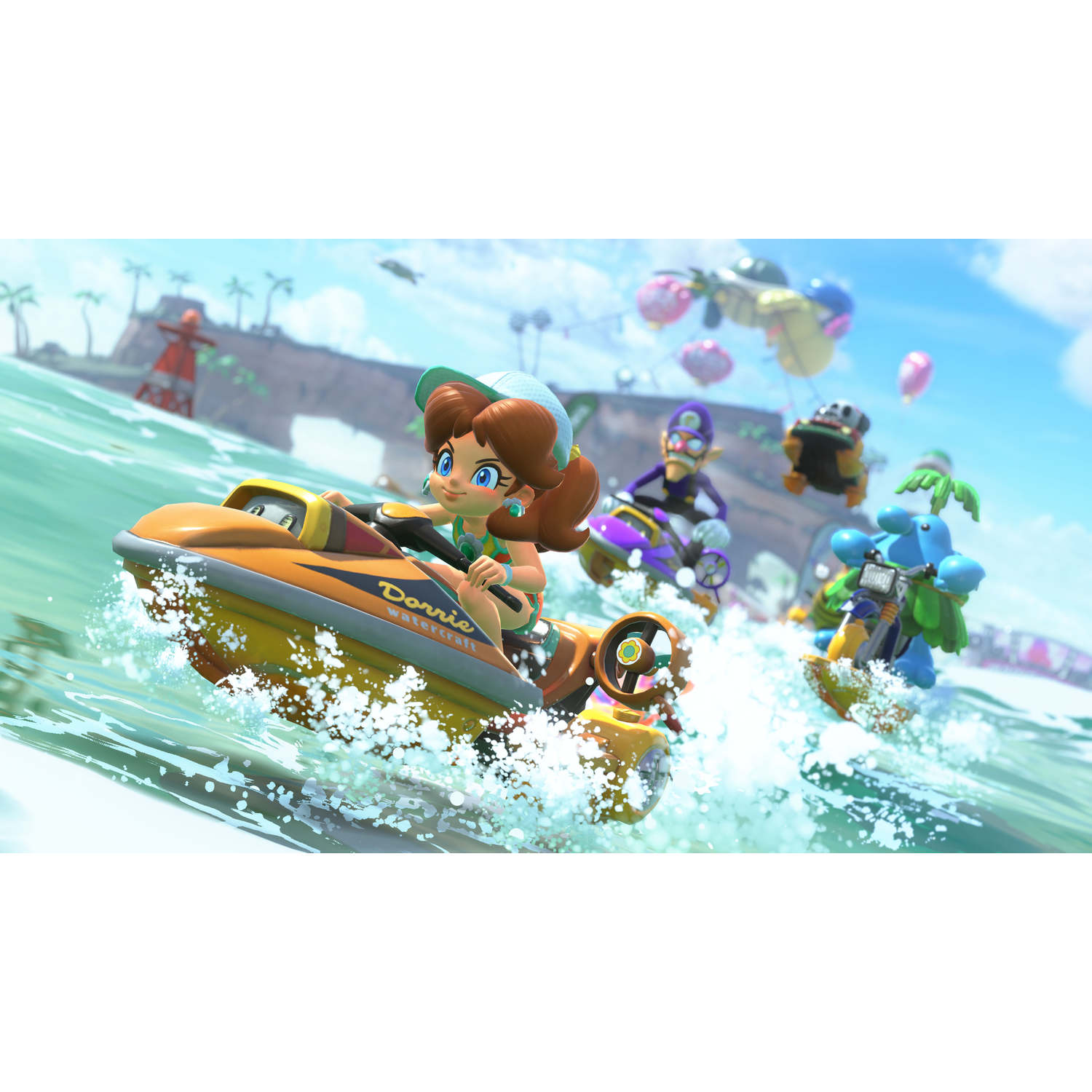 Videogame scène, een bootrace. Daisy in een gele boot racet met anderen.