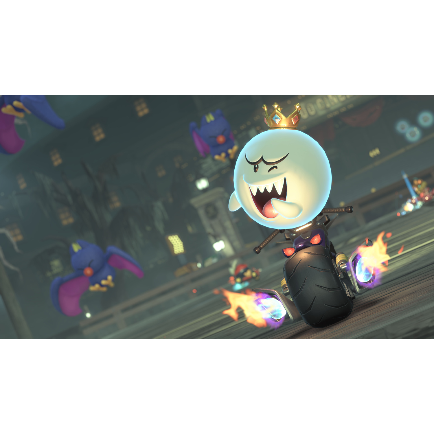 Een spookachtig personage dat op een motor rijdt in een videogame-scène. De scène heeft een donkere achtergrond en heldere lichten.