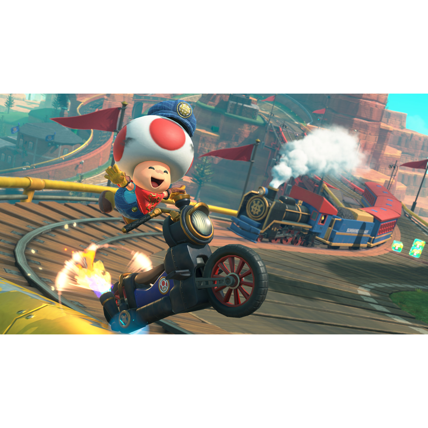 Toad rijdt op een motor in een Mario Kart-spel. Een stoomtrein op de achtergrond en de baan is een achtbaan.