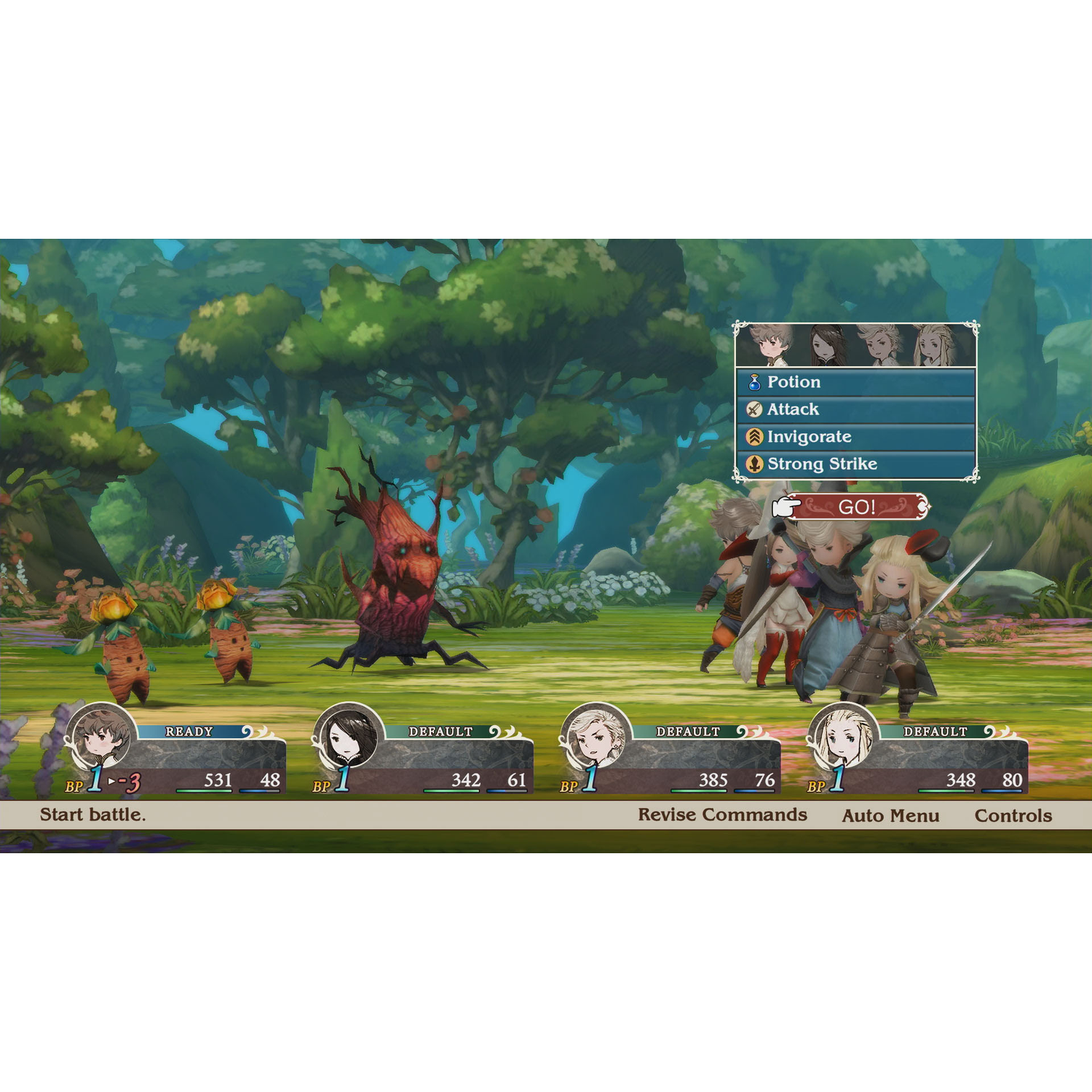 Screenshot van een rollenspel met personages in een bosrijke omgeving.
