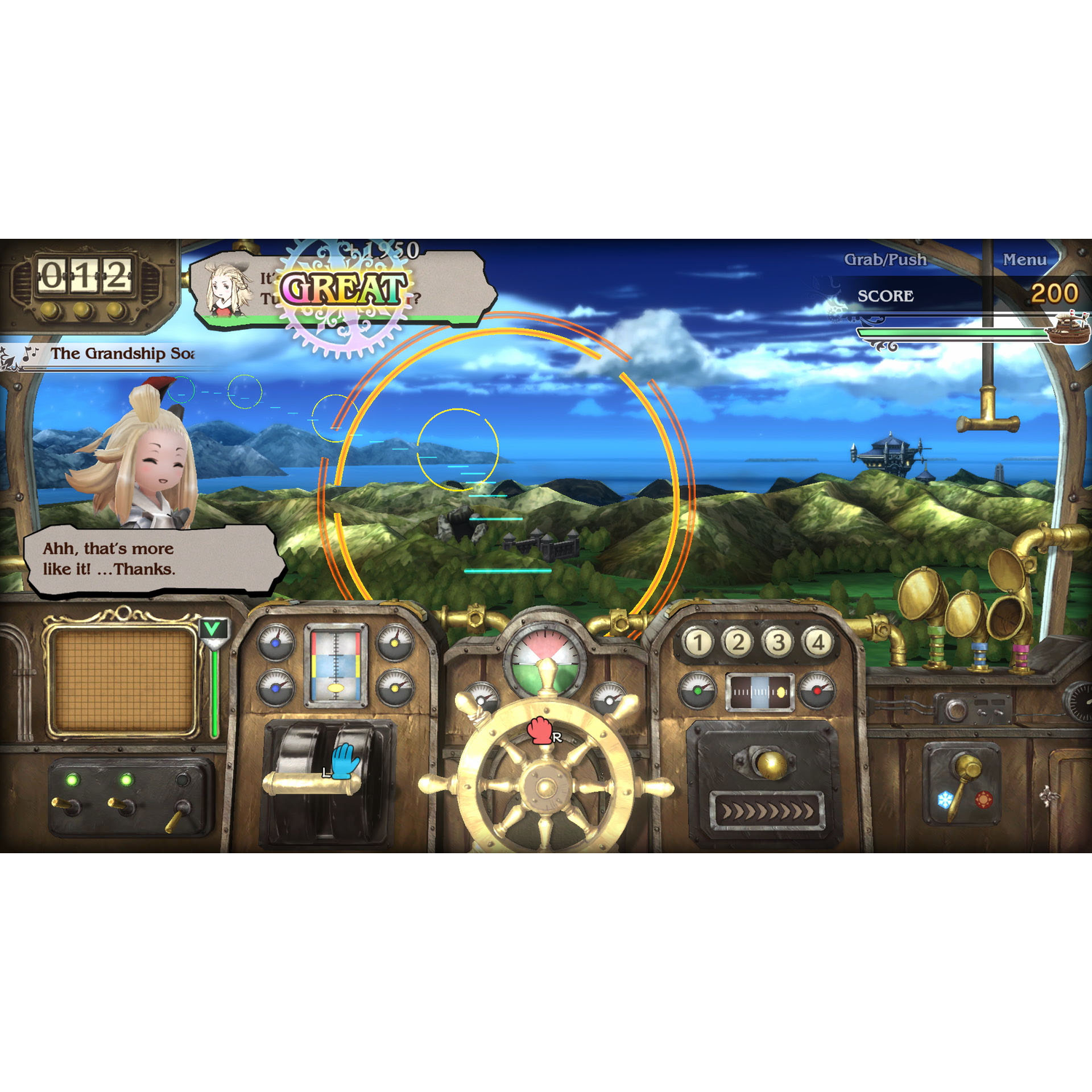 Videogame met een cartoonachtige stijl. Cockpit-weergave. De game toont lucht en water.