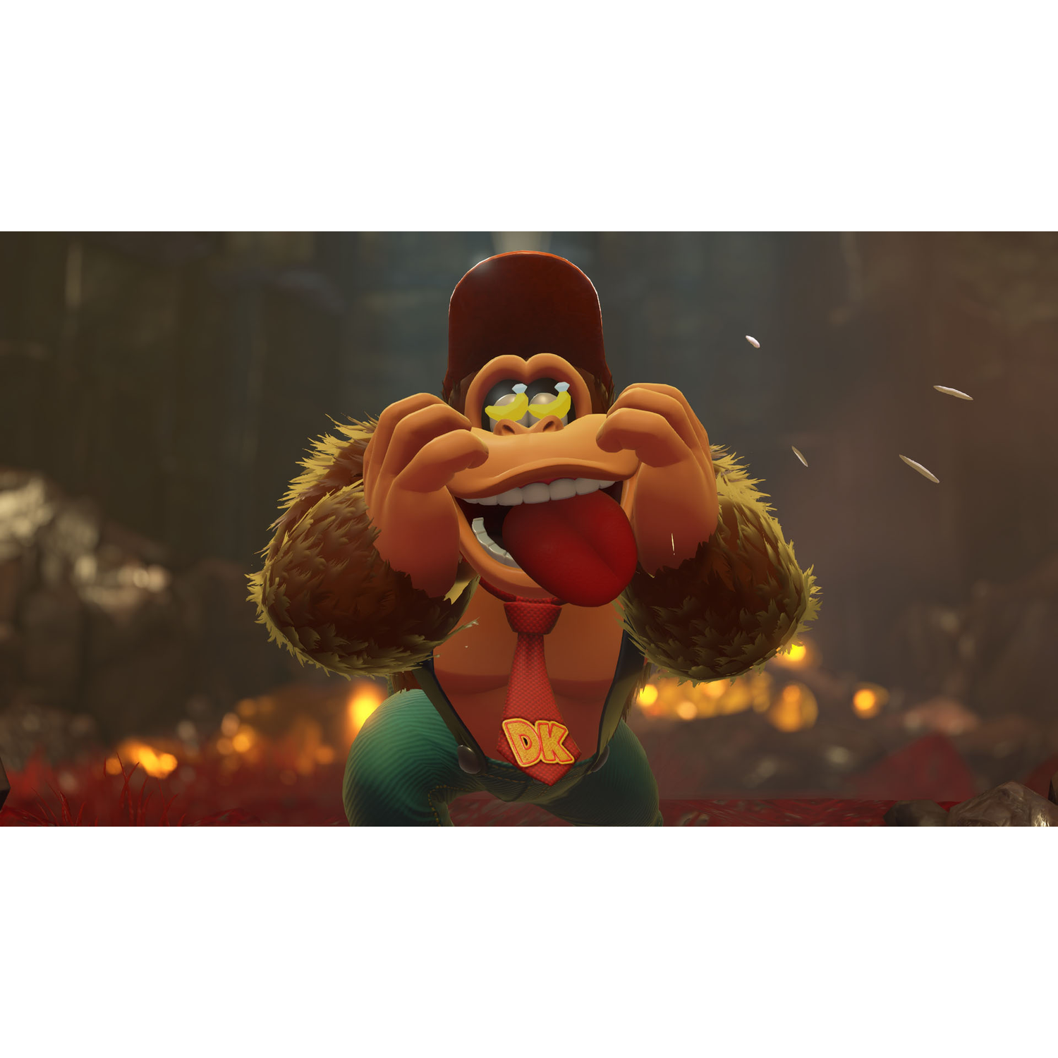 Donkey Kong steekt zijn tong uit, draagt een DK-stropdas en zonnebril, met een verbaasde uitdrukking.