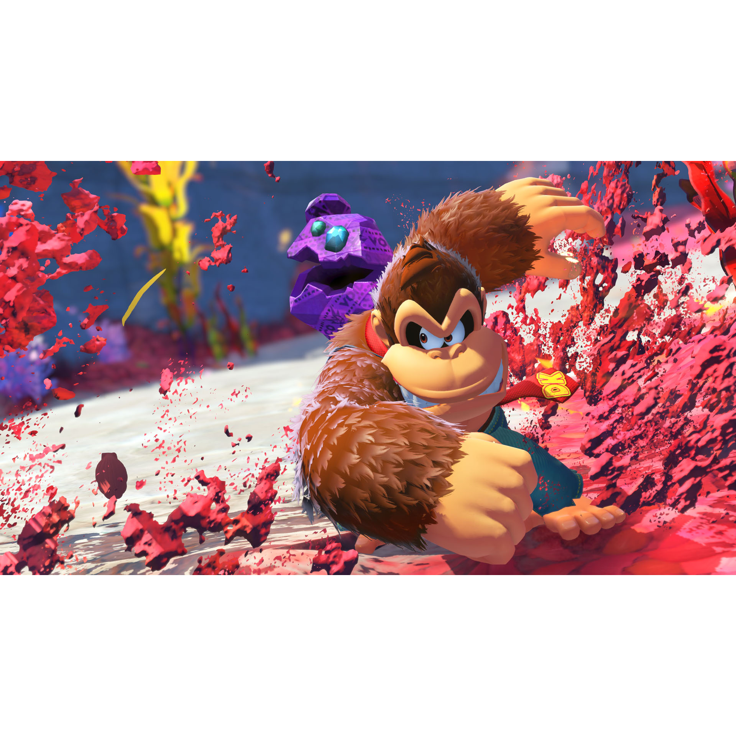 Donkey Kong in een videogame scène, met een paarse vijand en exploderende rode objecten.