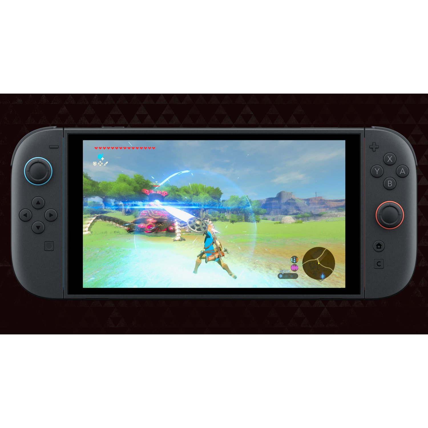 Nintendo Switch-console met een game op het scherm. Een personage vecht in een groen veld.