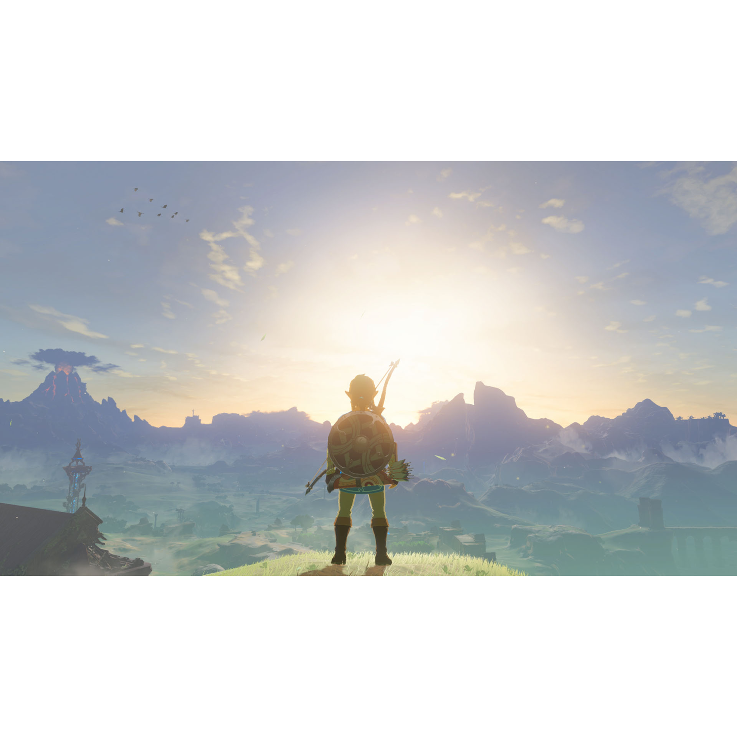 Een personage staat op een berg, kijkend naar een zonsondergang. Bergen en een vulkaan op de achtergrond.