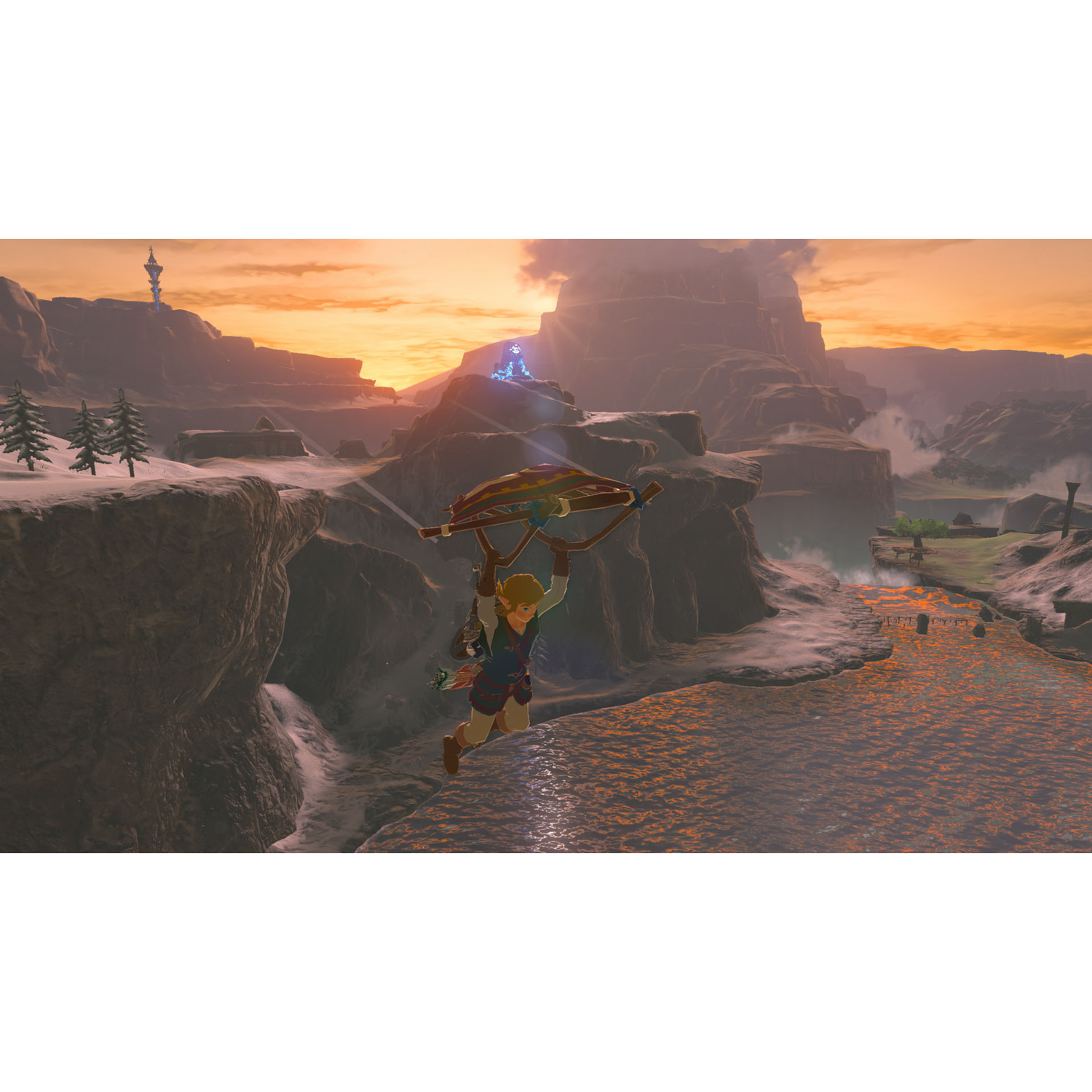 Een personage met een parachute dat over een kloof zweeft tijdens zonsondergang in een game.
