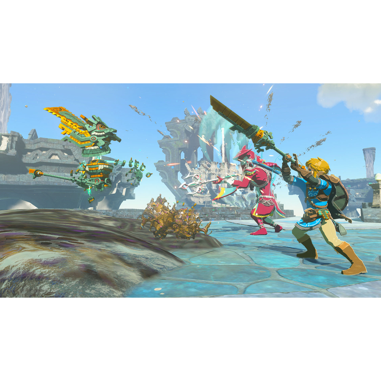 Two warriors fighting, with a large mechanical structure.