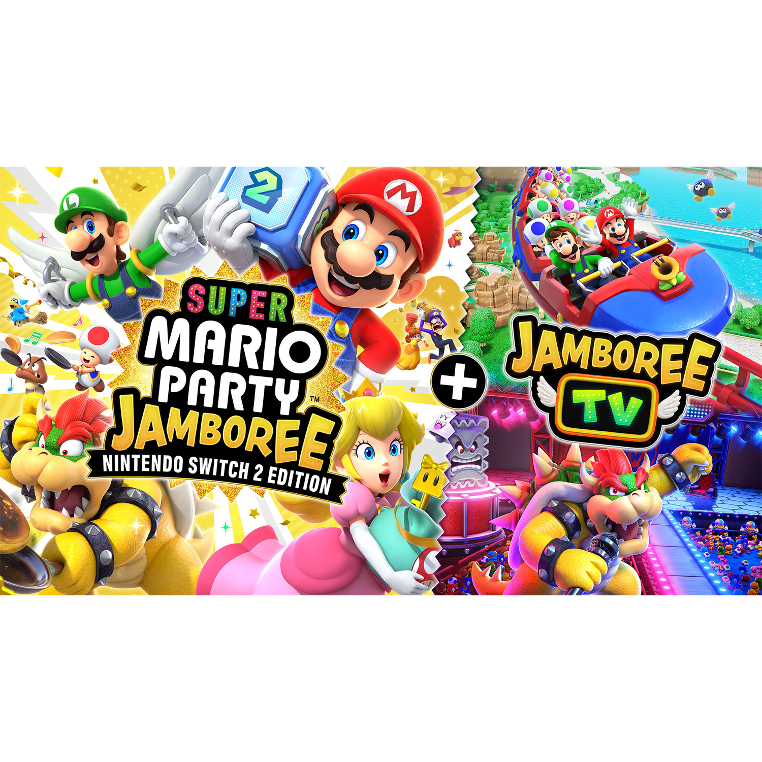 Super Mario Party Jamboree game box art. Personages uit de Mario-serie staan op de cover met de titel van de game.