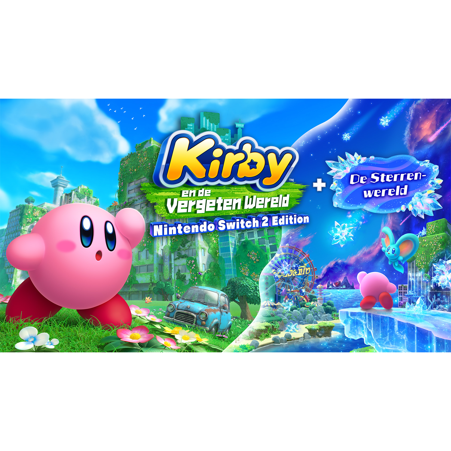 Kirby gamebox art met Kirby en andere personages in een kleurrijke omgeving.