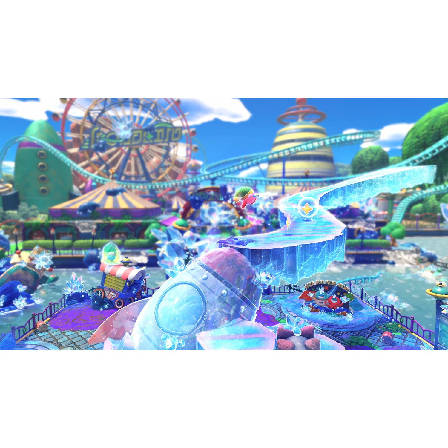 Een levendige, kleurrijke videogame scène met een kermis en achtbaan.