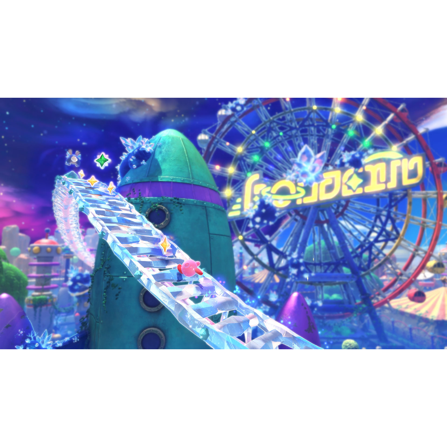 Kirby op een kristallen brug met sterren, die leidt naar een kermis met een reuzenrad.