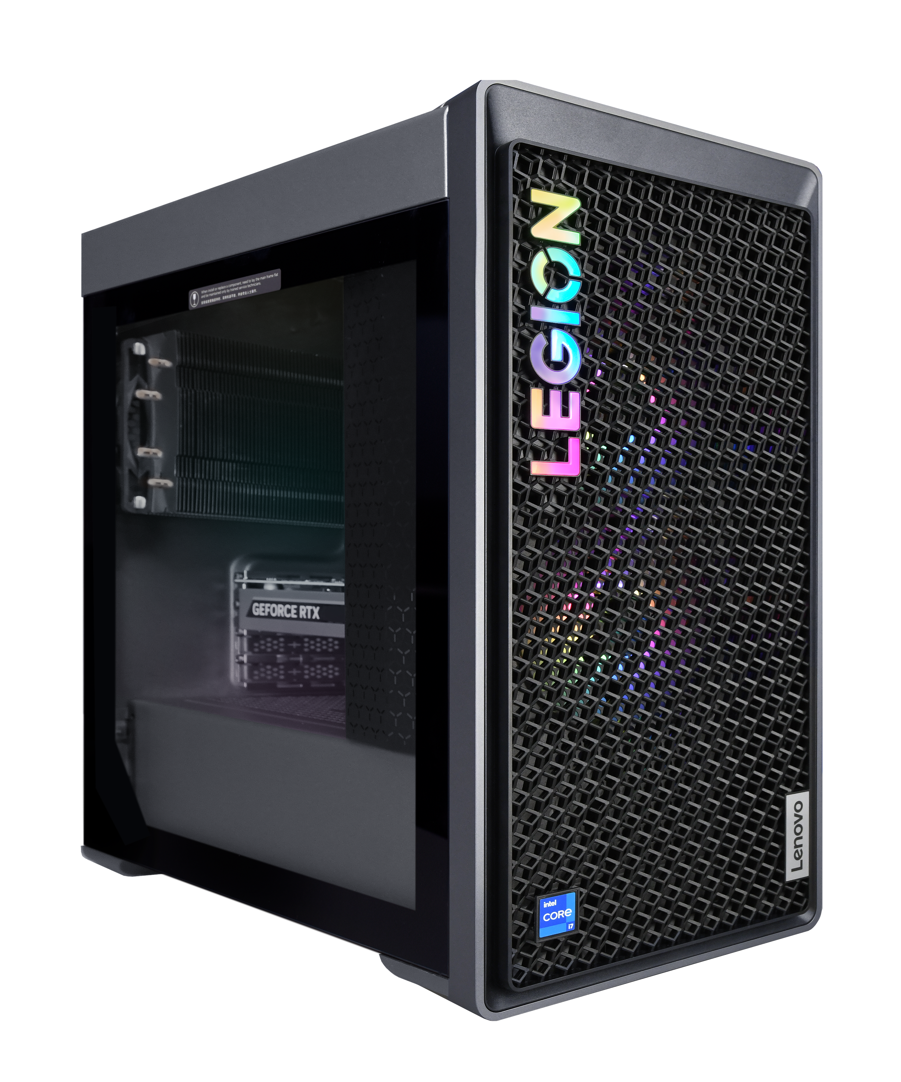 Czarny komputer do gier Lenovo Legion, widok z boku.