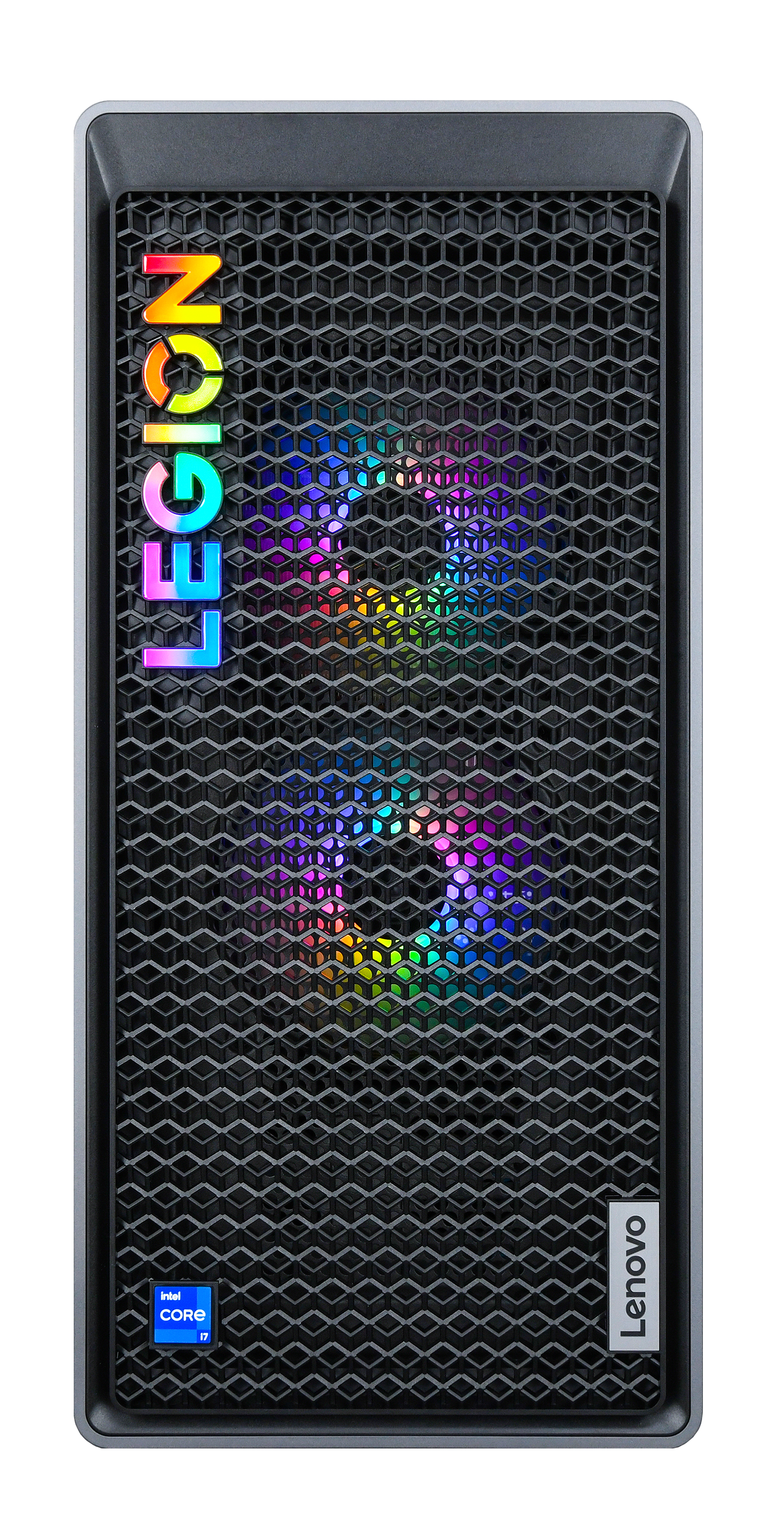 Wieża komputera Legion z siatkowym przodem, podświetlana tęczowym wyświetlaczem.
