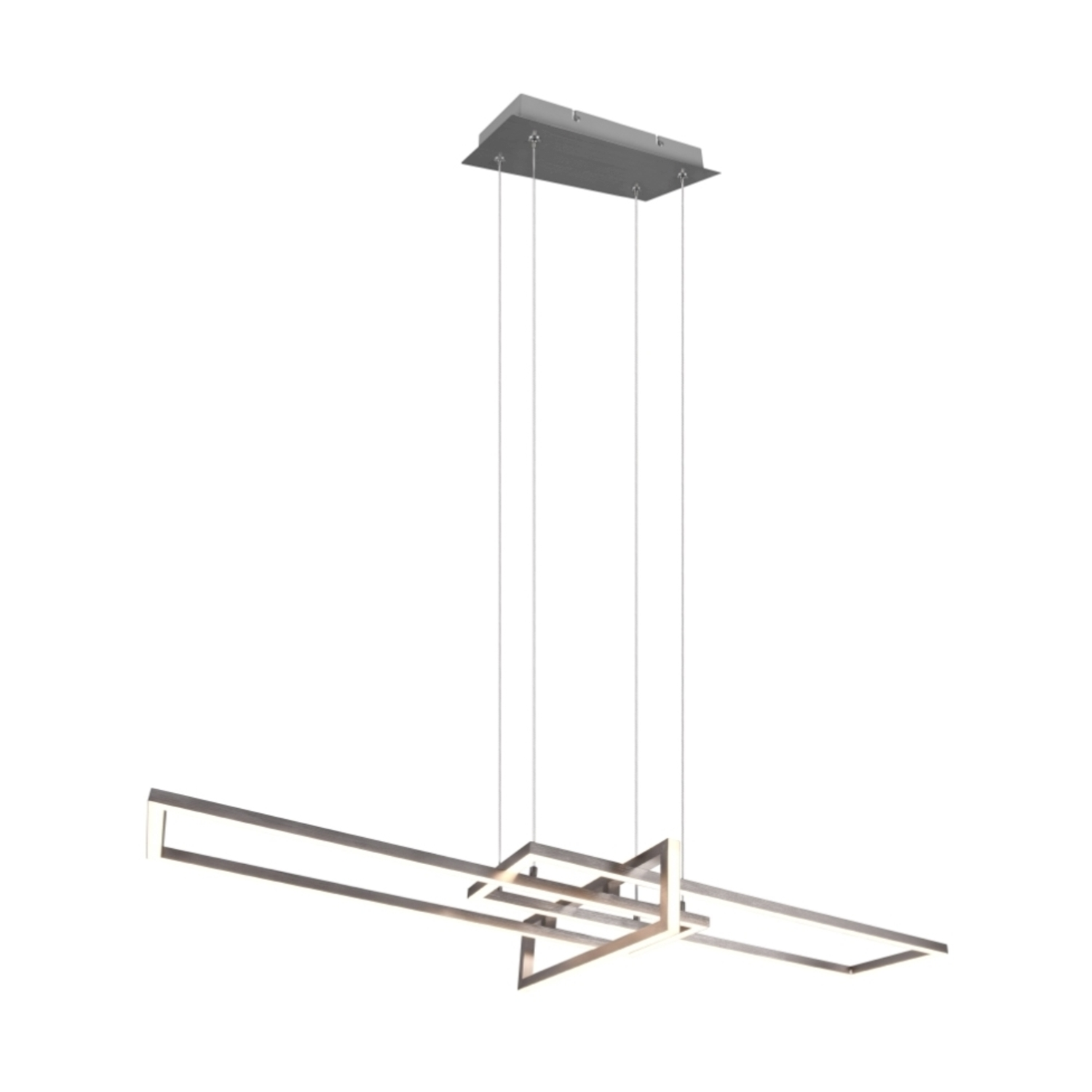 Apparecchio di illuminazione rettangolare argento moderno con fili sospesi, su sfondo bianco.