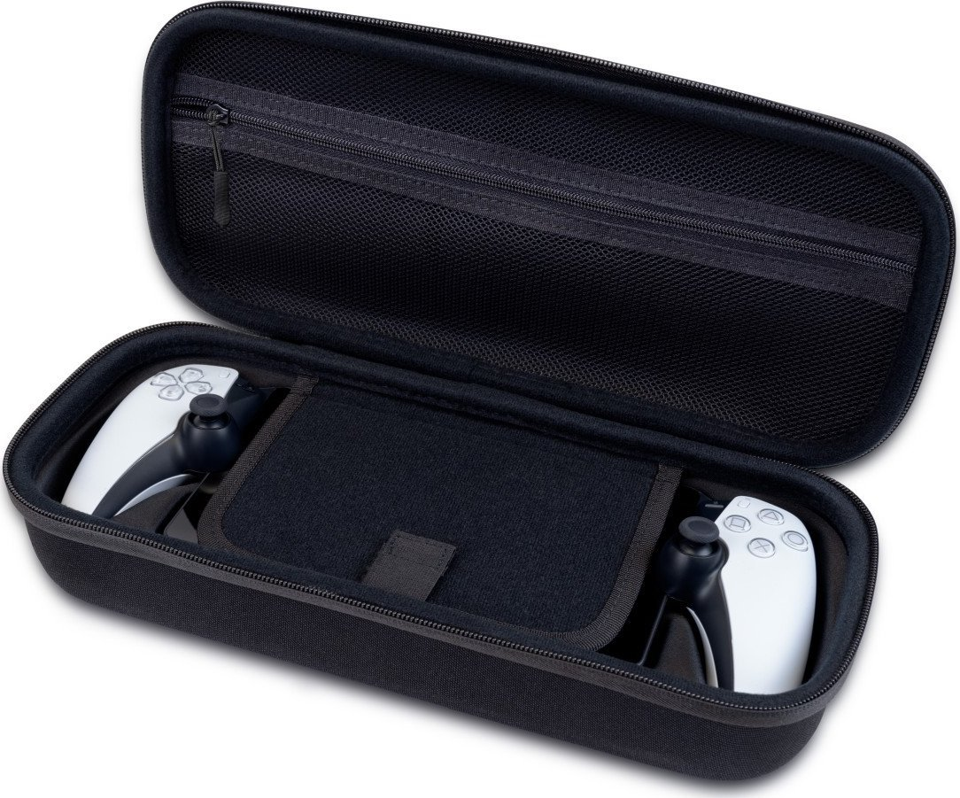 Czarne etui z dwoma białymi kontrolerami do gier w środku, z zamkiem błyskawicznym na górze.