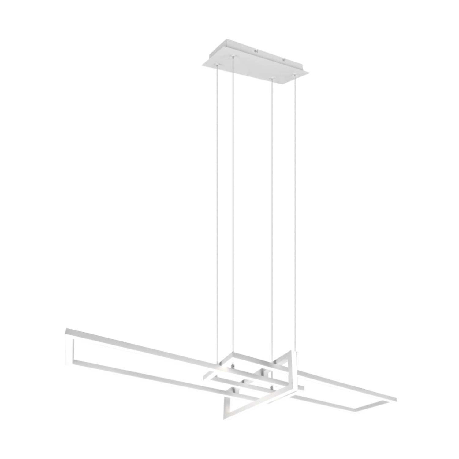 Lampada a sospensione bianca moderna con design lineare. Parte superiore rettangolare con cavi pendenti e forme geometriche.