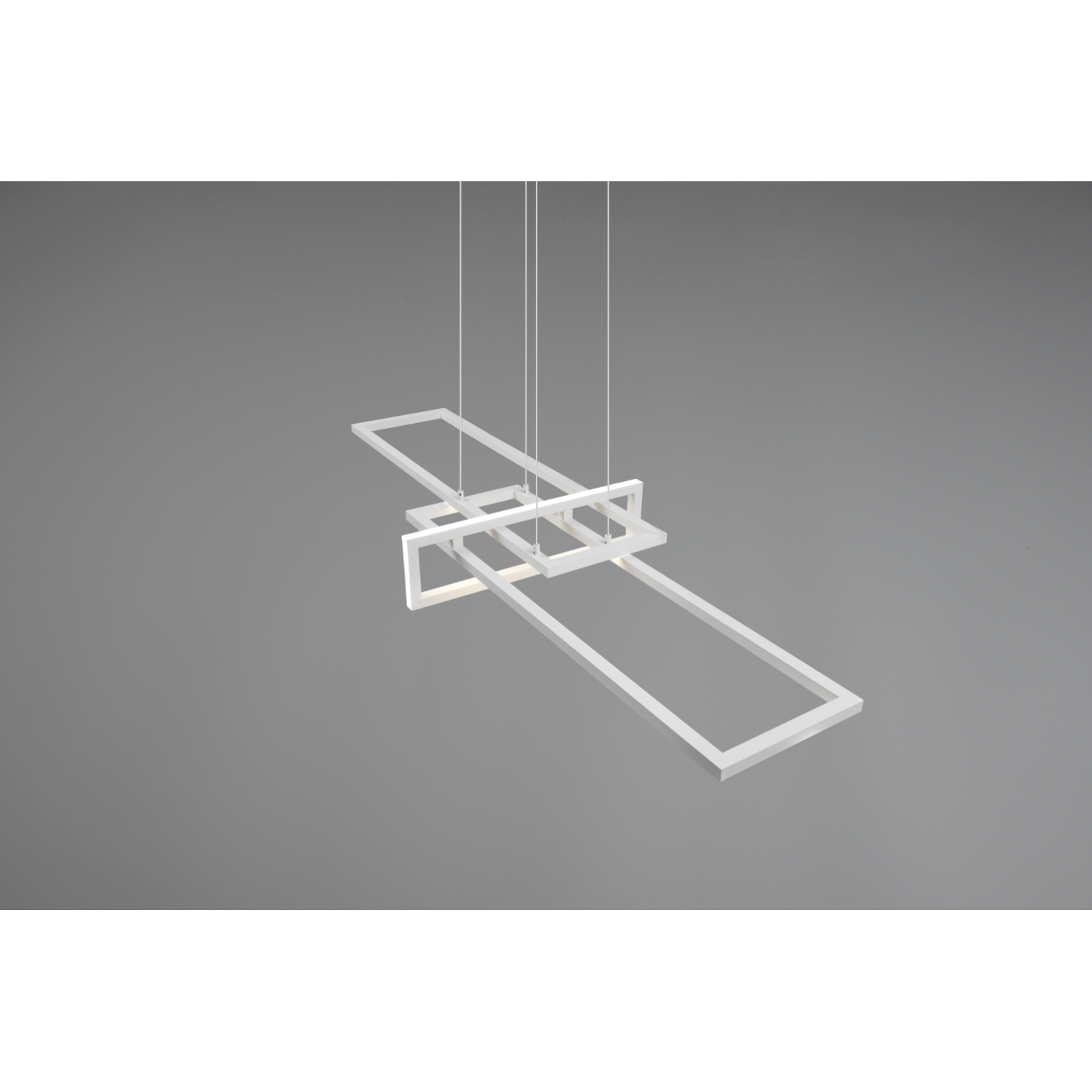 Apparecchio di illuminazione a sospensione rettangolare bianco moderno. Composto da rettangoli collegati.