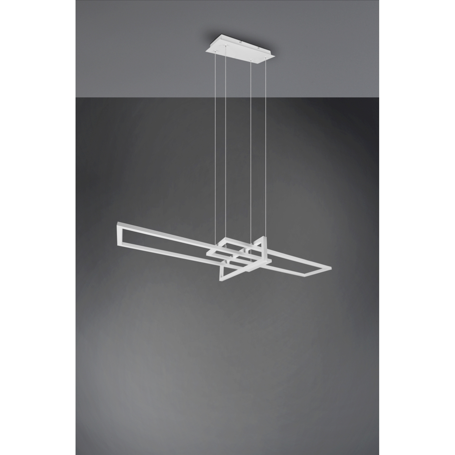 Un lampadario a sospensione bianco moderno con base rettangolare e design geometrico.