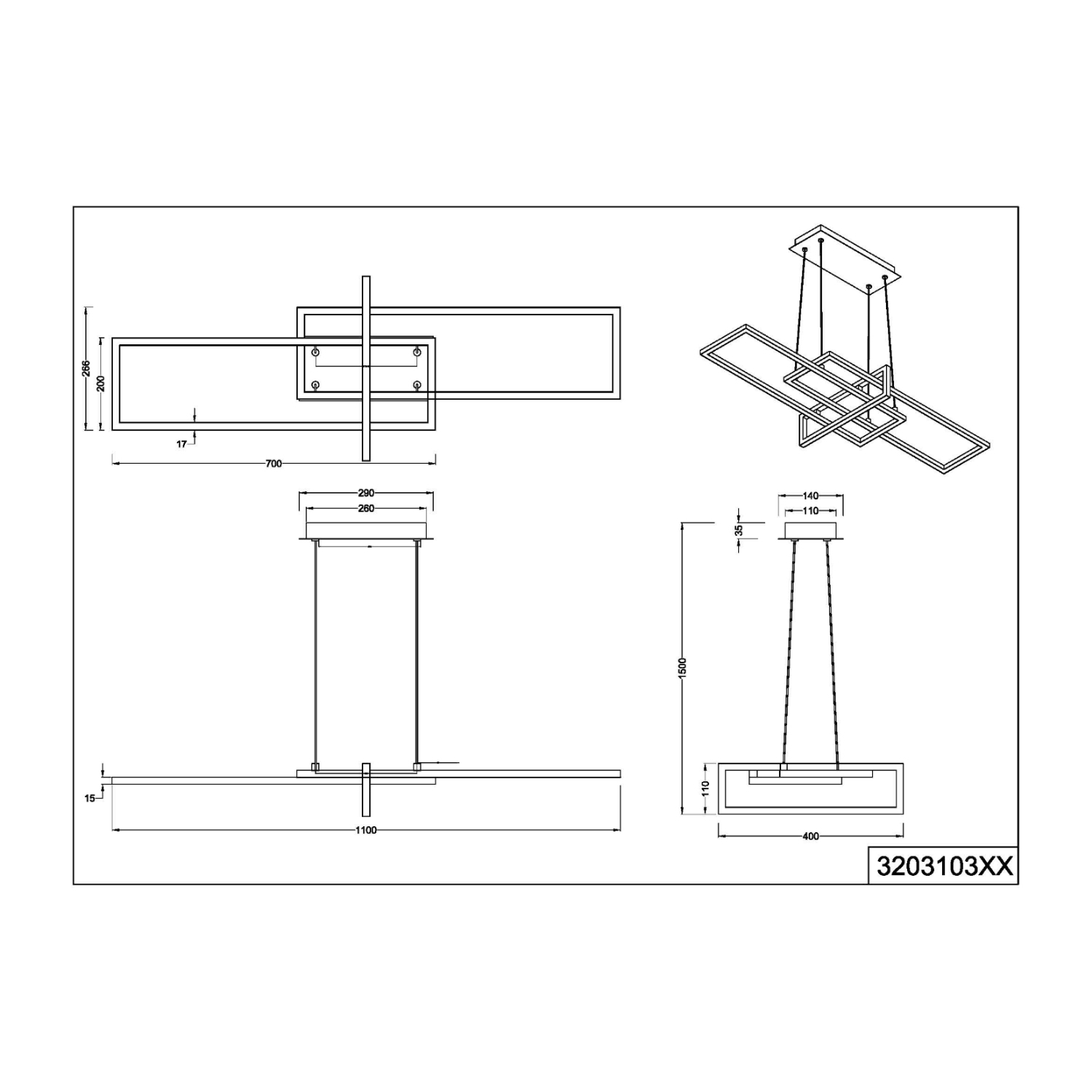Disegno tecnico con dimensioni di un apparecchio di illuminazione.