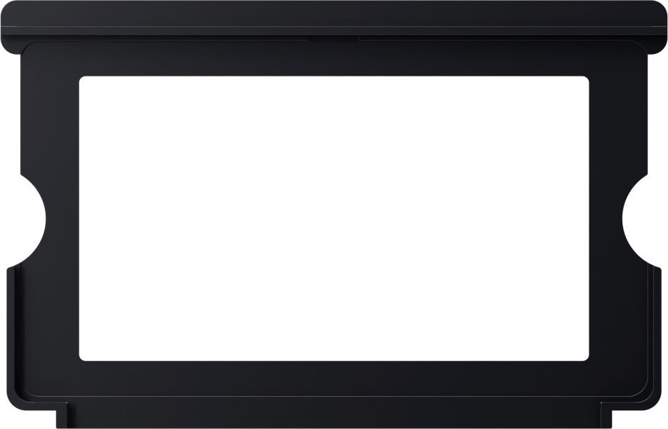 Czarny czytnik kart SD z białym prostokątem pośrodku. Białe tło.