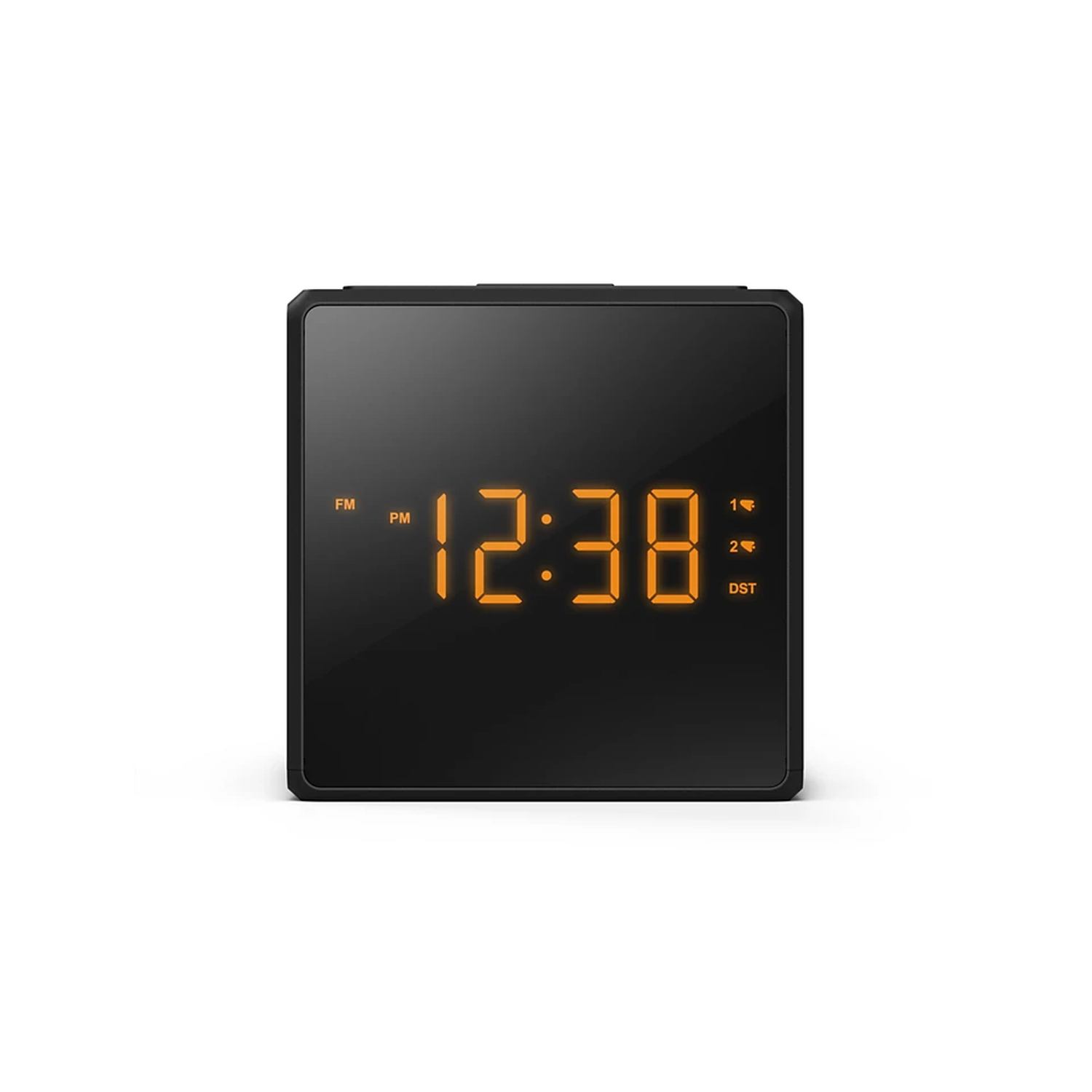 A black digital clock displays 12:38 in orange digits. The clock is square-shaped with a black frame, set against a white background.