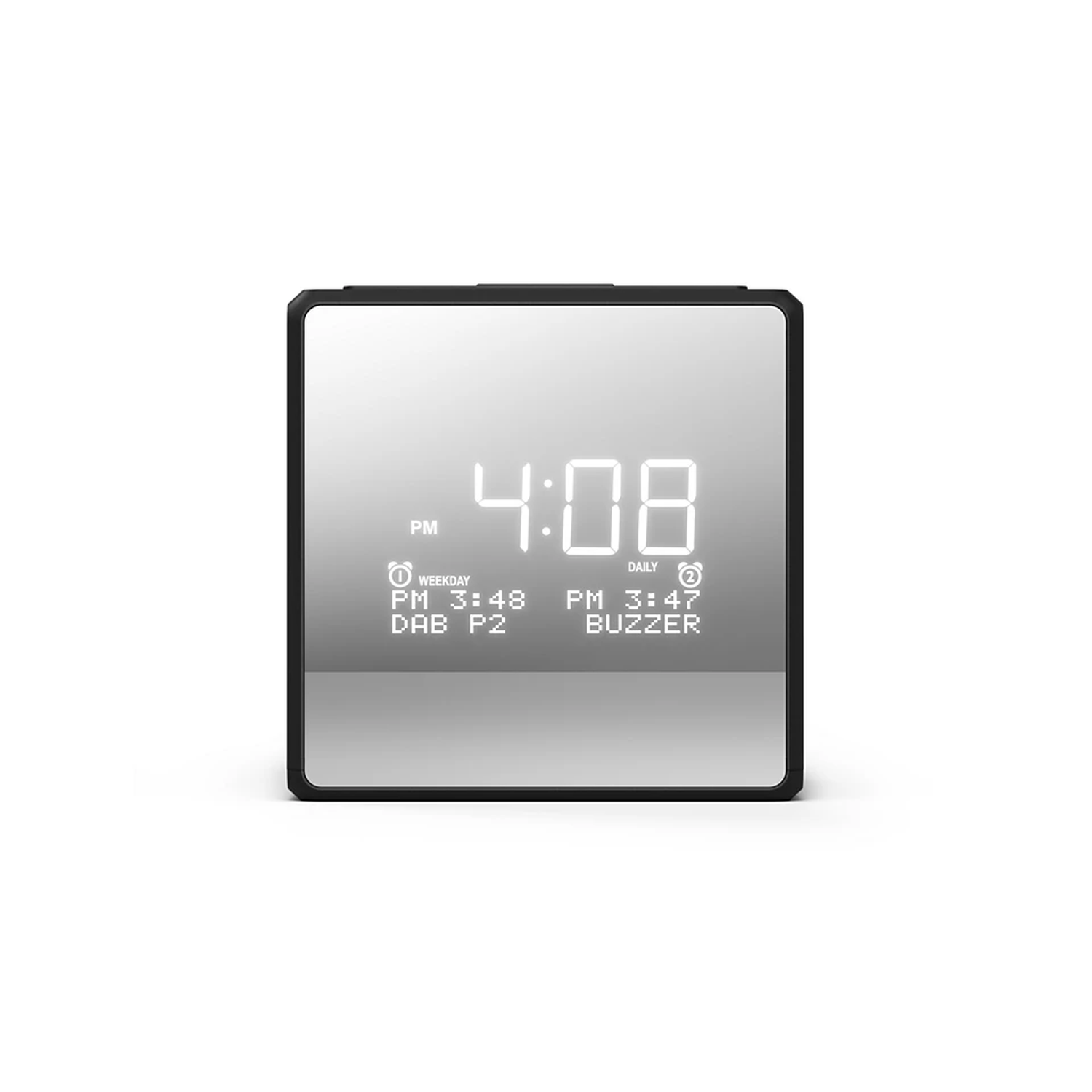 A digital clock displays 4:08 PM. Additional text indicates weekday, PM 3:48, DAB P2, and daily, PM 3:47, buzzer.
