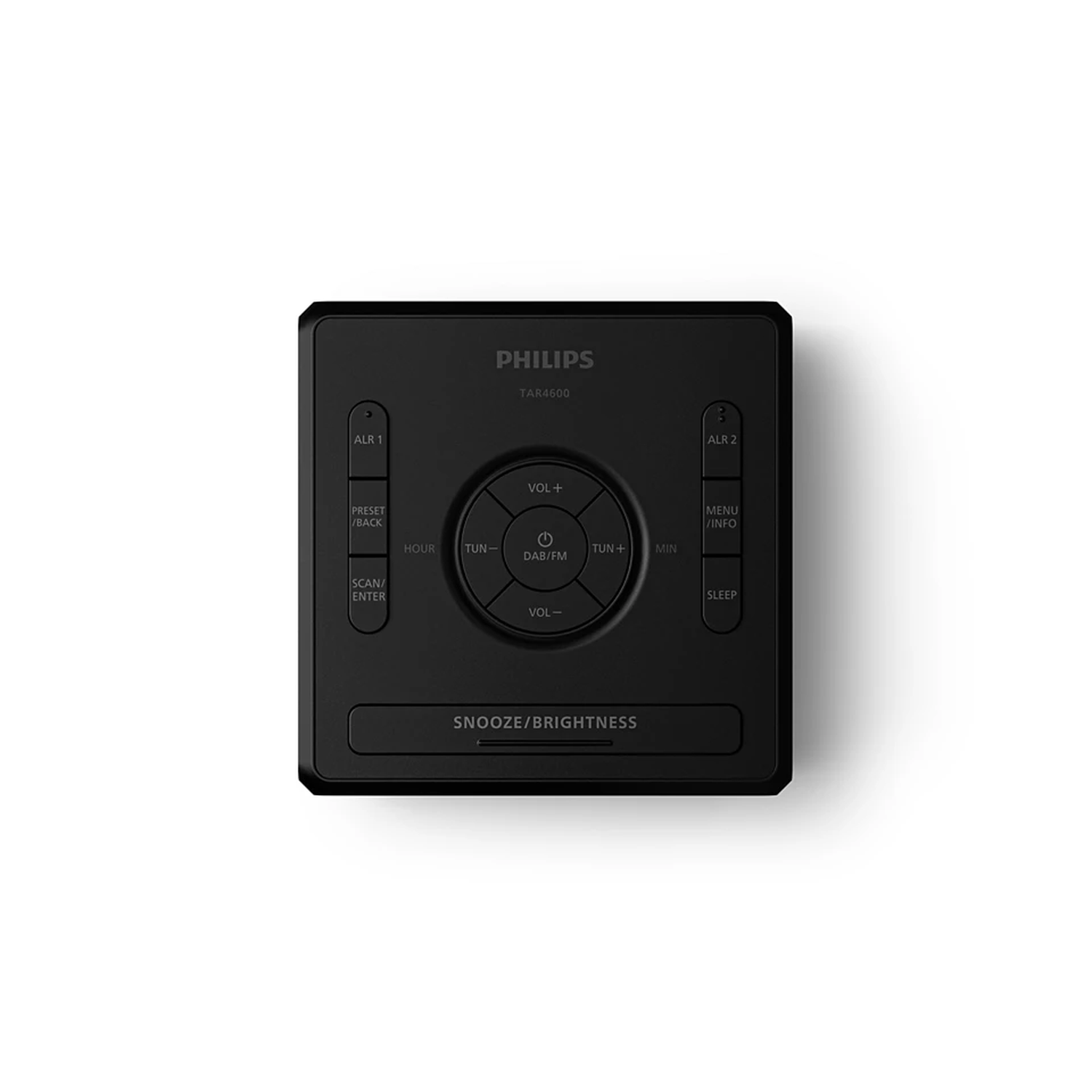 A black Philips radio, TAR4600 model, on a white background. It has various buttons for alarm, presets, volume, and tuning.