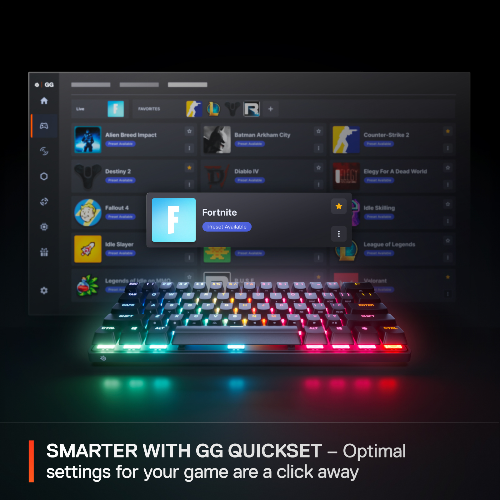 Un clavier de jeu avec éclairage RVB et un écran affichant une liste de jeux, avec l'accent sur les préréglages de Fortnite.