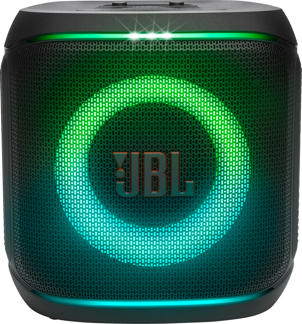 JBL-Lautsprecher mit grünem und blauem Lichtring. Schwarzes Gehäuse, JBL-Logo in Bronze. Der Hintergrund ist schwarz.