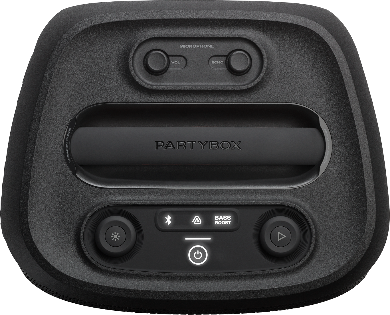 Schwarzer PartyBox-Lautsprecher mit Tasten für Lautstärke, Echo und Bass-Boost. Enthält Strom-, Bluetooth- und Wiedergabesteuerung.