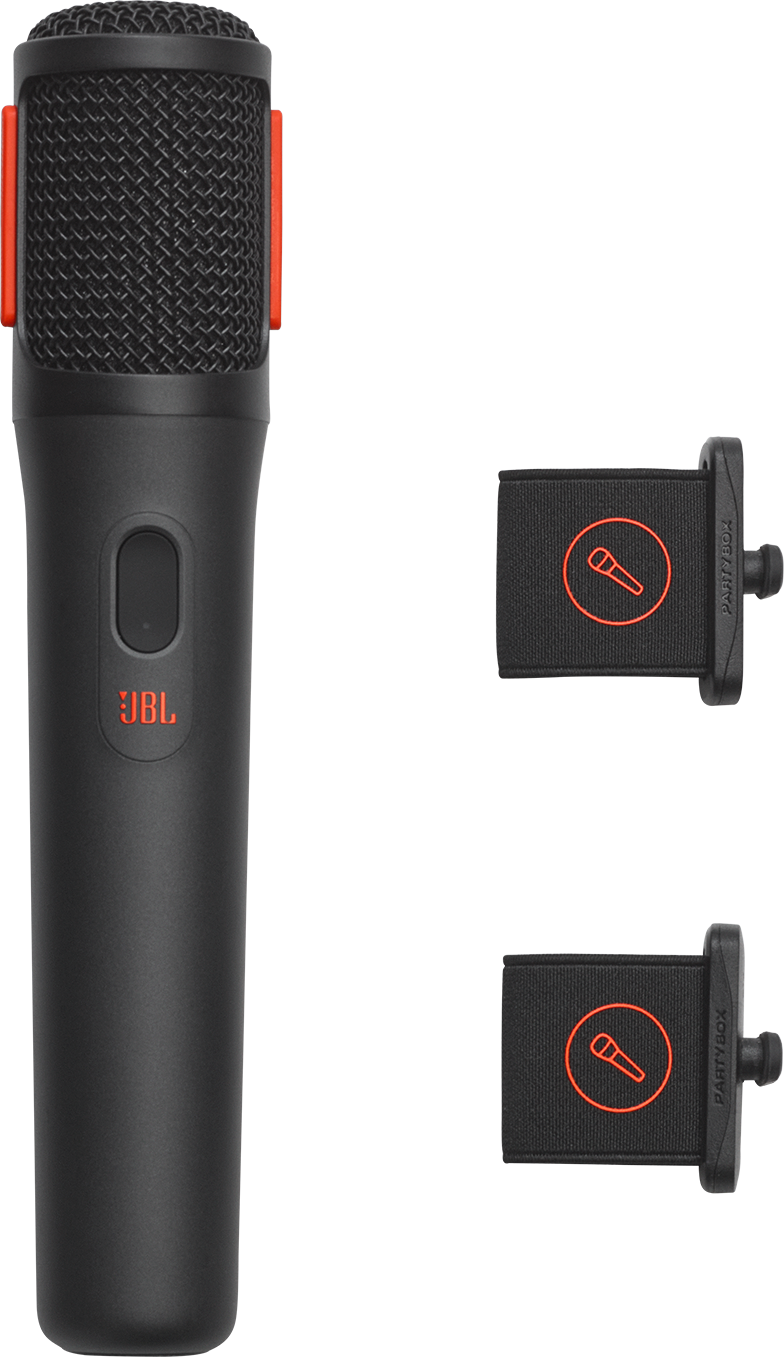 Schwarzes JBL-Mikrofon mit roten Akzenten und Logo, zwei schwarze Partybox-Mikrofonhalter, alles auf schwarzem Hintergrund.