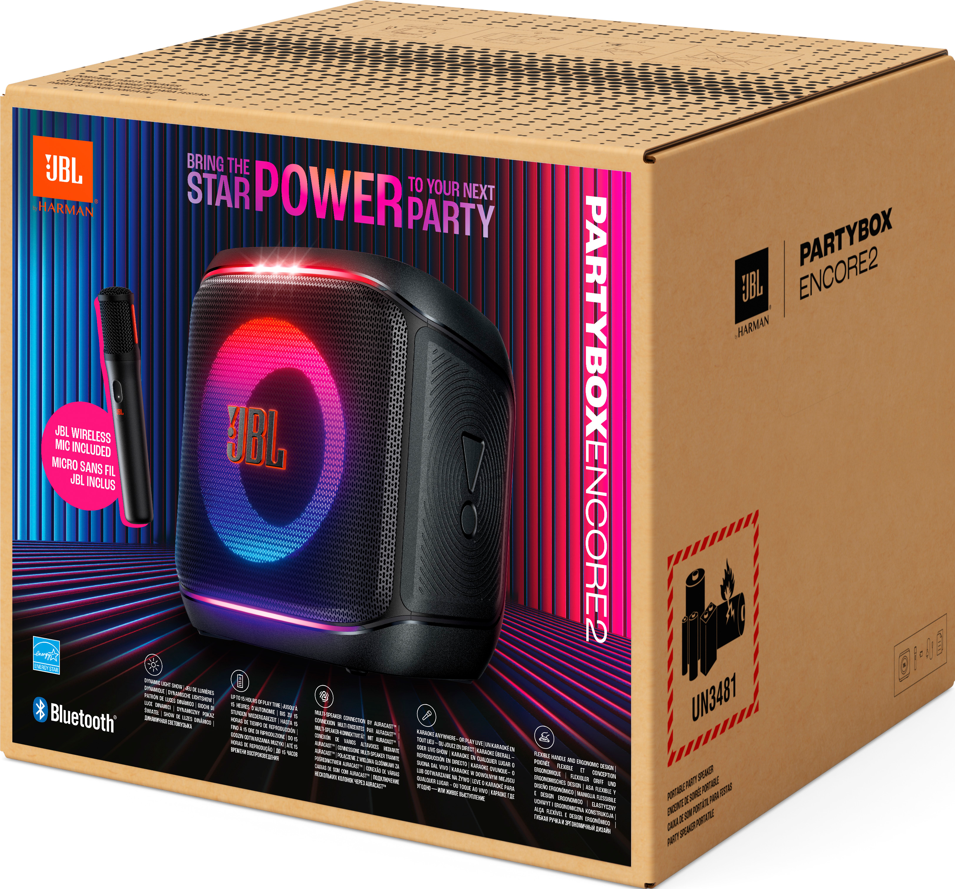 Karton mit JBL Partybox Encore 2 Lautsprecher, Mikrofon und Bluetooth-Logo. Rote, blaue und schwarze Farben.