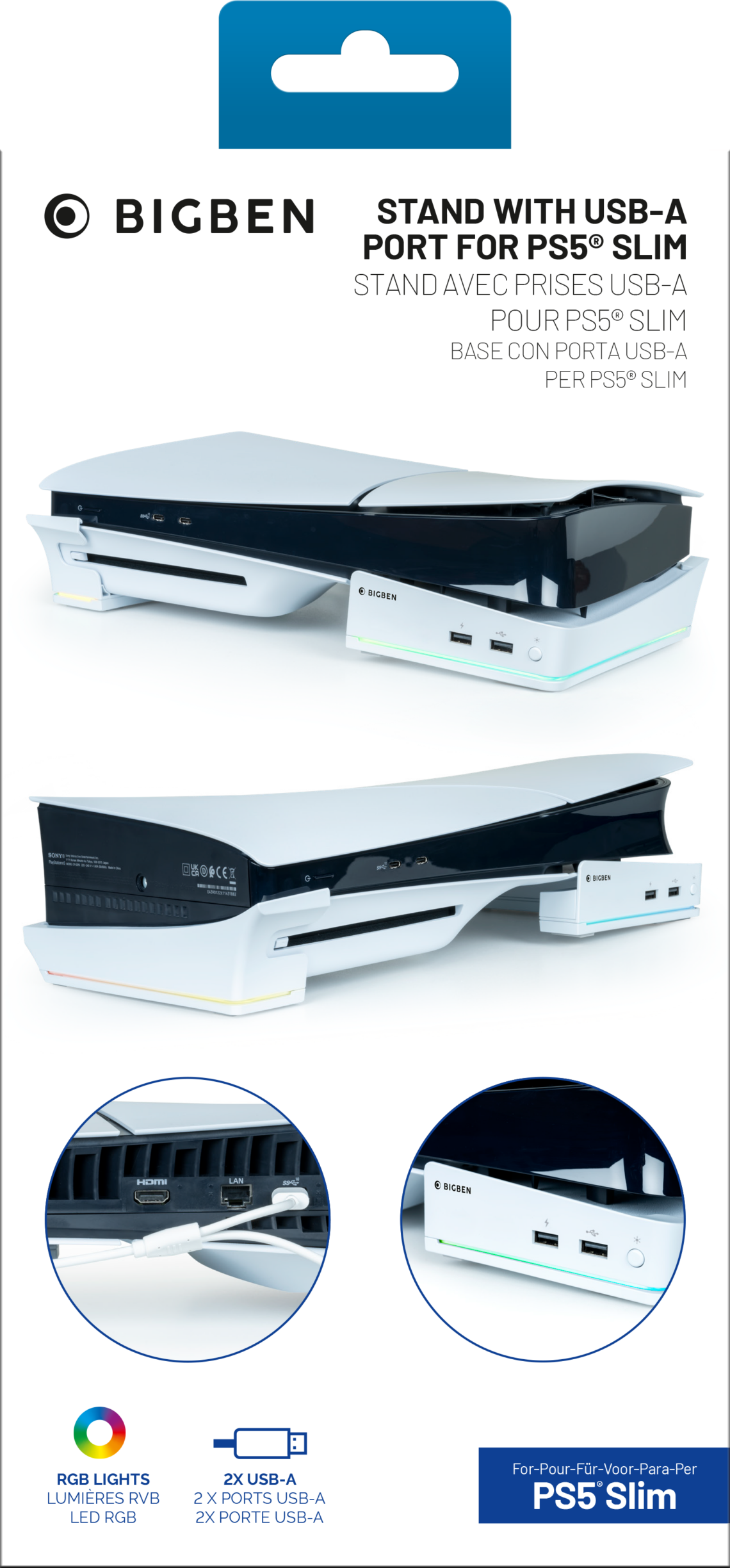 Stojak Bigben PS5 z portami USB-A, pokazana konsola.