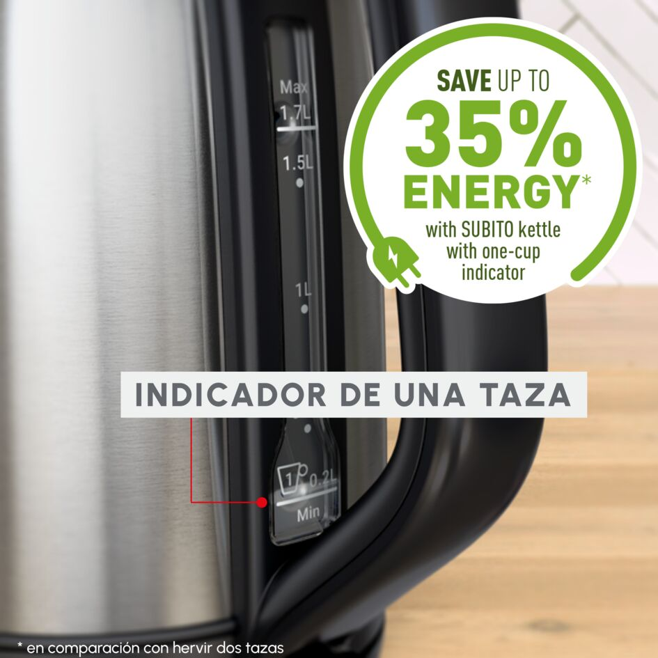 Hervidor con indicador de taza, mostrando texto de ahorro de energía.