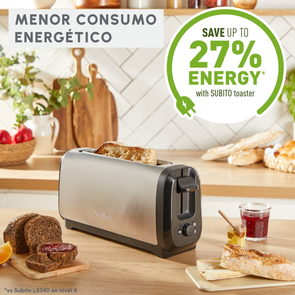 Tostadora en una mesa con pan, mermelada y otros elementos, con el texto 'Ahorra hasta un 27% de energía'.