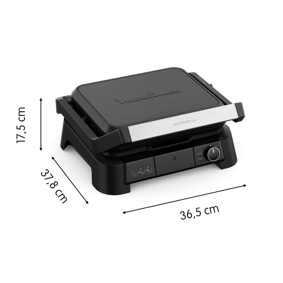 Moulinex Supergrill negro con dimensiones. Parrilla cerrada con medidas en centímetros.