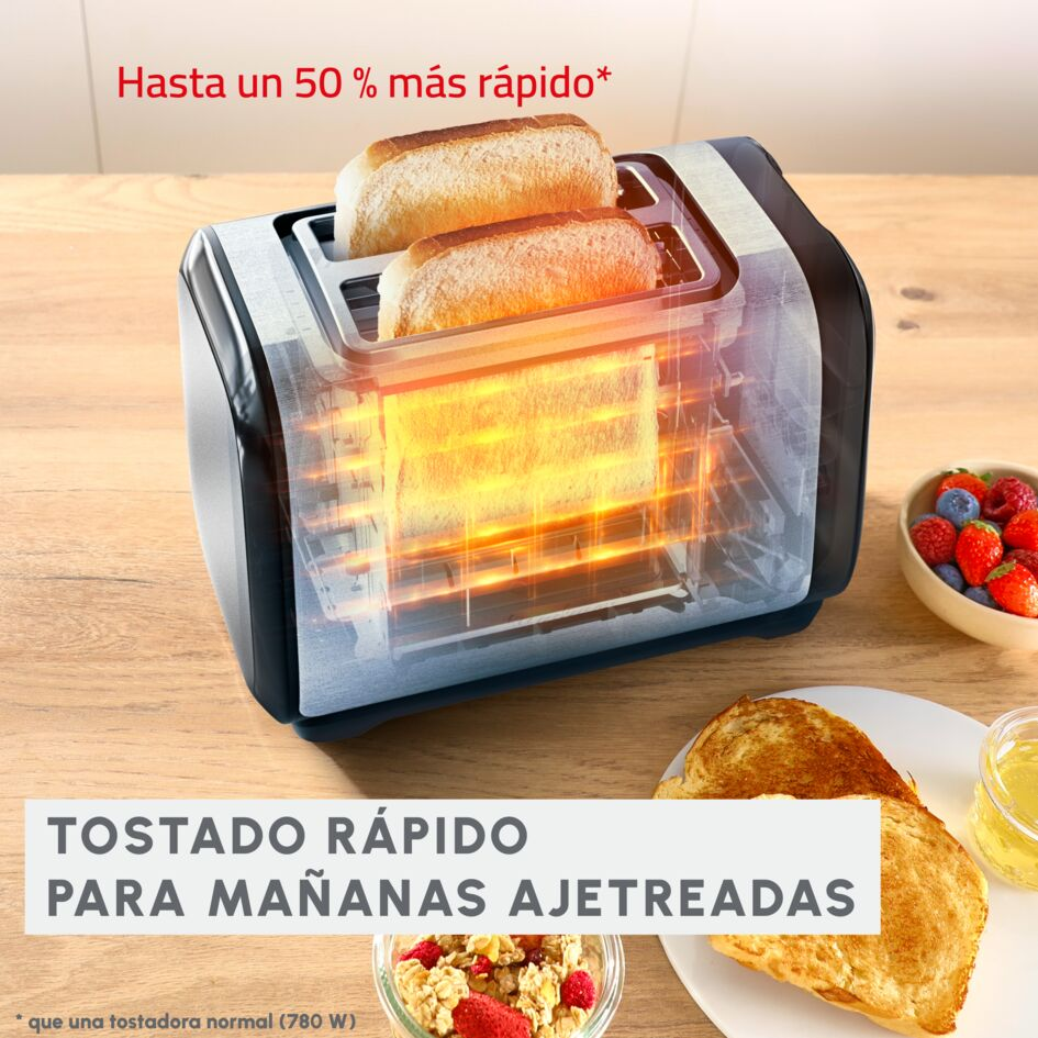 Una tostadora con dos rebanadas de pan tostado, con texto que dice "Tostado Rápido".