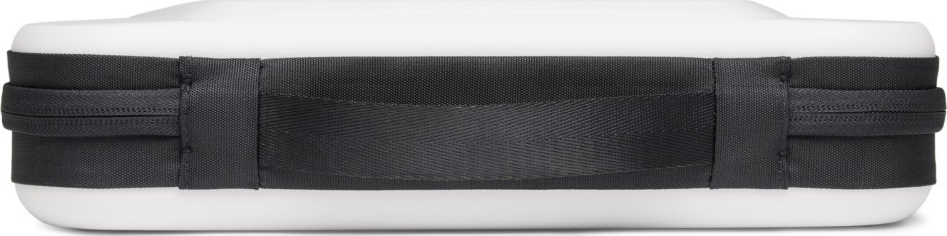 Biała walizka z czarnym uchwytem. Uchwyt owija się wokół walizki.