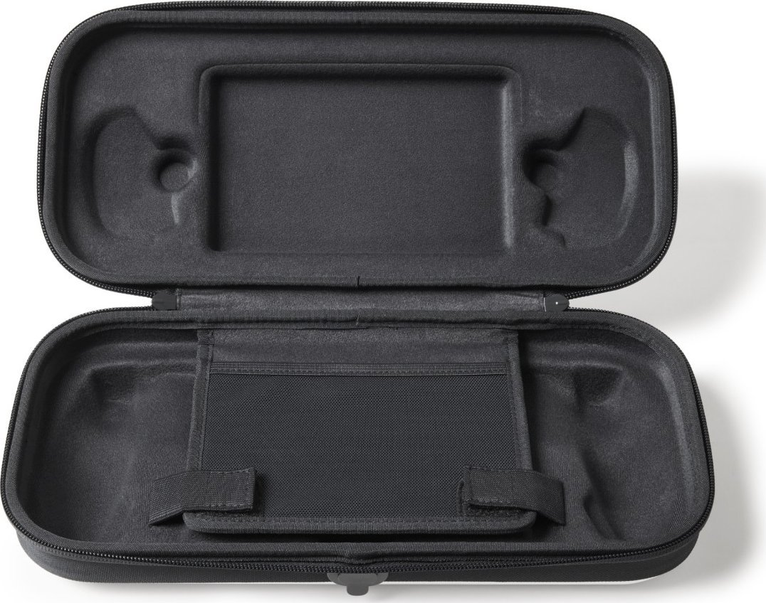Czarne etui, otwarte, ukazujące czarne wnętrze z centralnym paskiem i przegródkami.