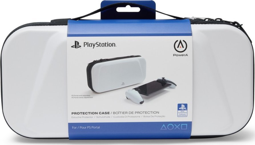 Białe etui ochronne PlayStation z czarnym uchwytem, kontrolerem PlayStation i widoczną grafiką opakowania.