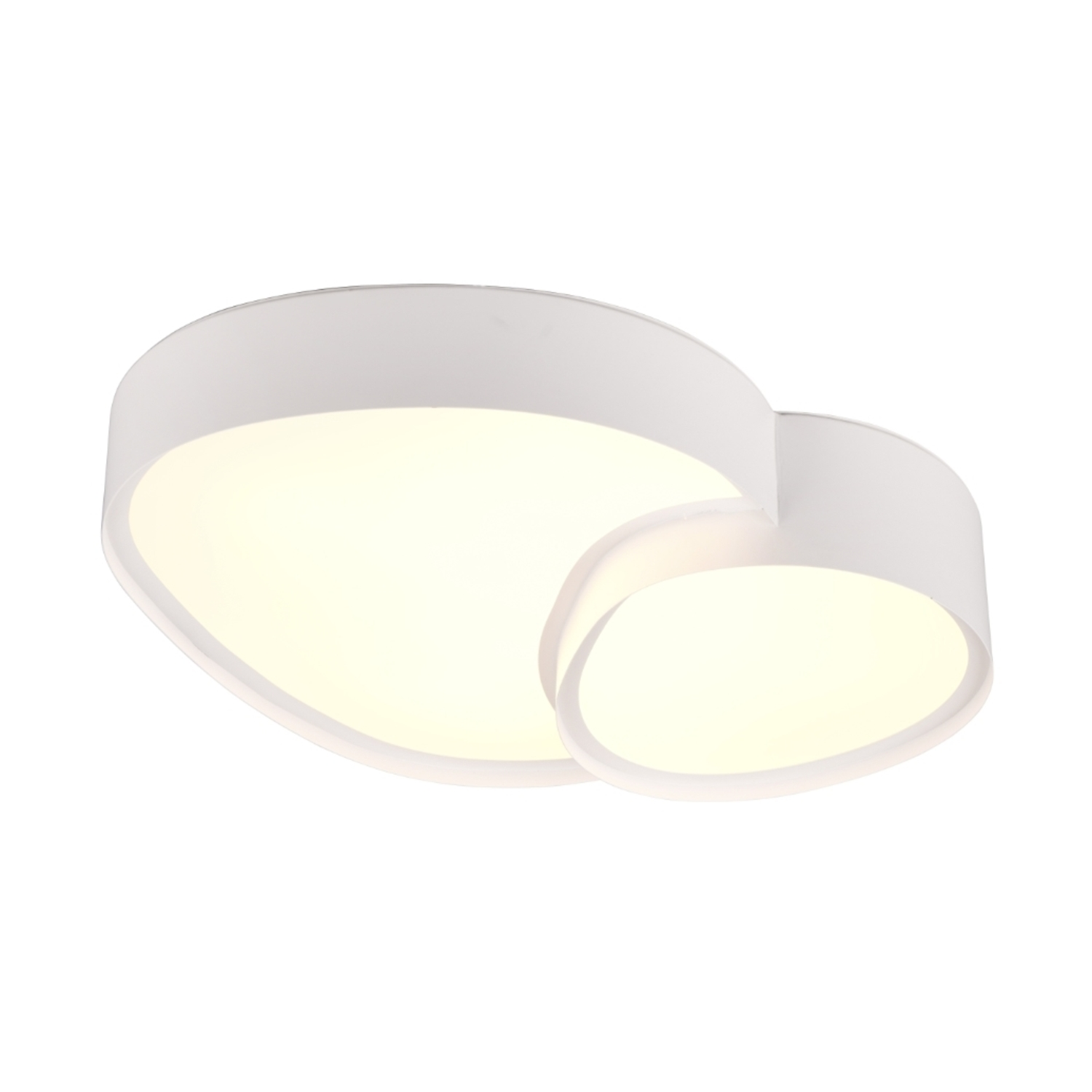 Lampada da soffitto bianca con due sezioni ovali curve, sfondo bianco.