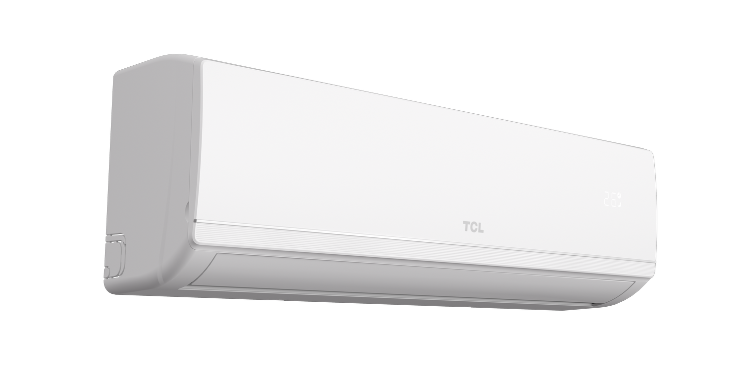 Una unidad de aire acondicionado TCL blanca, aislada sobre un fondo oscuro degradado.