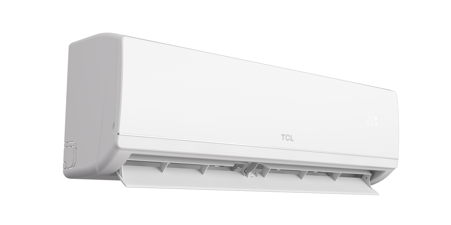 Aire acondicionado TCL blanco colgado sobre fondo oscuro. Tiene una pantalla digital.