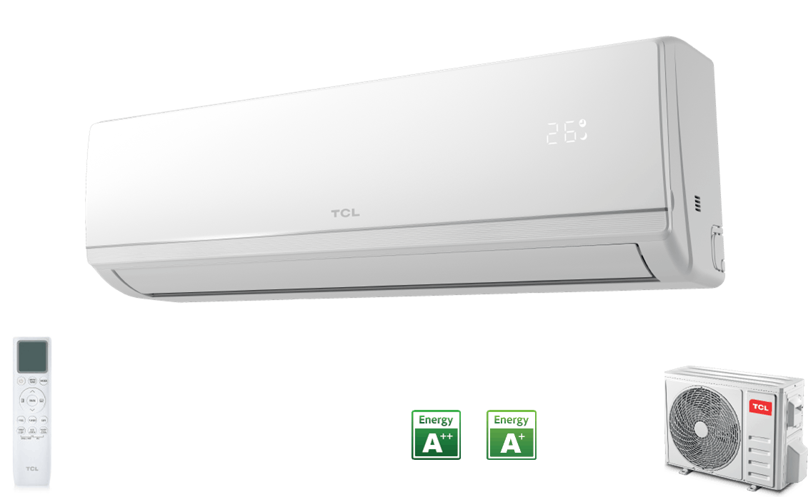 Aire acondicionado TCL blanco con mando y unidad externa. Etiquetas energéticas. Negro.
